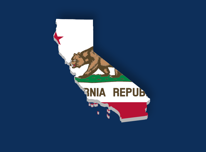 The California flag inside the shape of California on a blue background